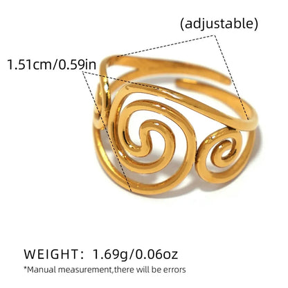 Stainless Steel Spiral Open Ring for Women – 18K Gold Plated Adjustable Waterproof Jewelry