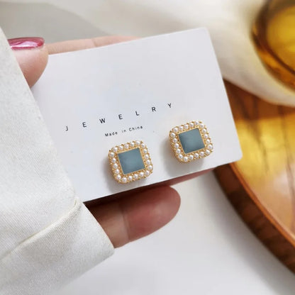 Women’s Enamel Blue Square Pearl Stud Earrings Trendy Gift Jewelry