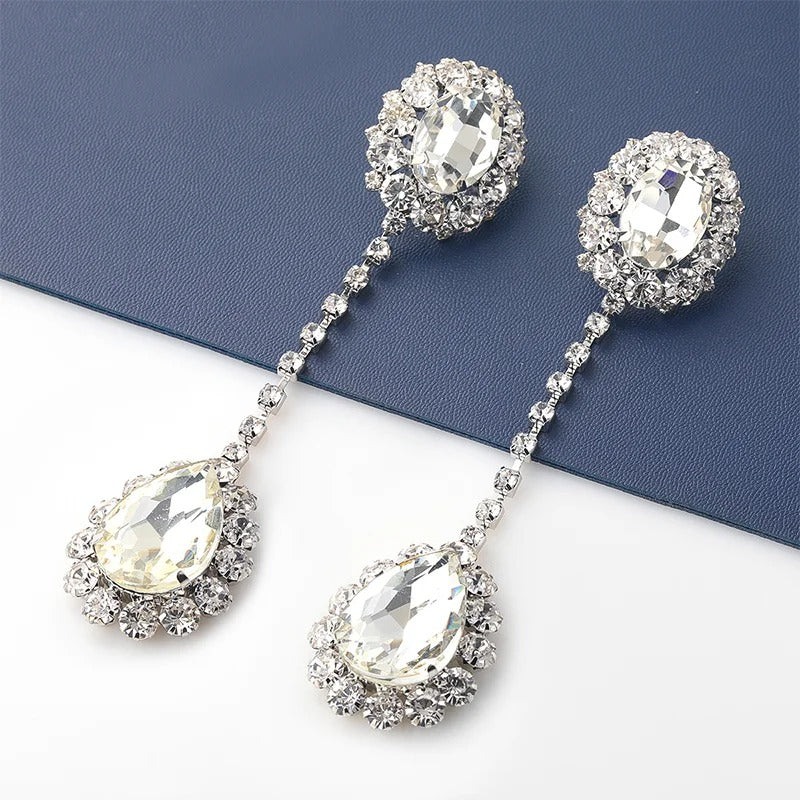 Rhinestone Long Oval Earrings Water Drop Pendant Jewelry for Women