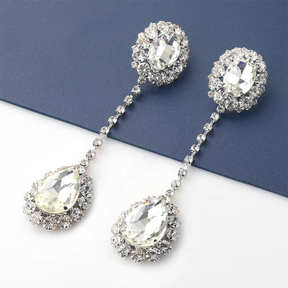 Rhinestone Long Oval Earrings Water Drop Pendant Jewelry for Women