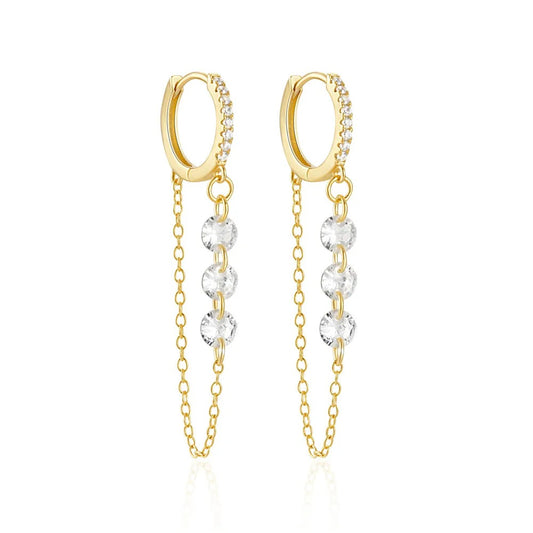 Gold Hoop Buckle Earrings with 3 Zircons 925 Silver for Women