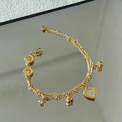 ANENJERY Gold Heart Zircon Bracelet Double Layer Charm Jewelry for Women