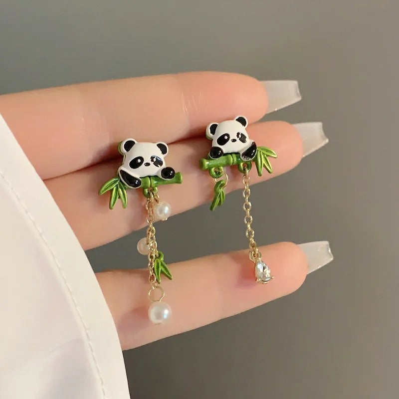 Bamboo Panda Pearl Tassel Earrings for Women Girls Cute Asymmetric Plant Potted Cactus Drop Earrings Jewelry Gift