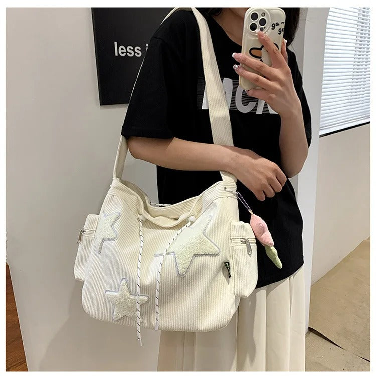 Star Print Corduroy Shoulder and Crossbody Bag for Women