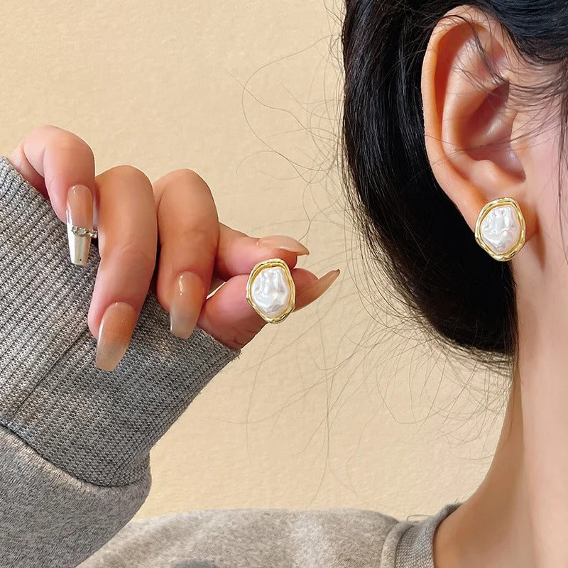 Women White Oval Stud Earrings Gold Color Irregular Statement Jewelry