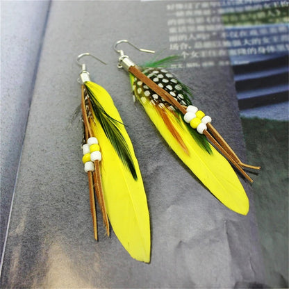 Colorful Feather Tassel Earrings 1 Pair Leather Beads Jewelry