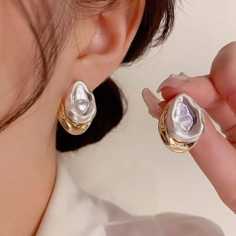 Stainless Steel Vintage Droplet Metal Splice Stud Earrings for Women Two Wear way Mix Color New Accessory Charm Luxury Jewelry
