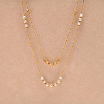 Elegant Double Layer Pearl Bead Necklace Stainless Steel Hammer Chain