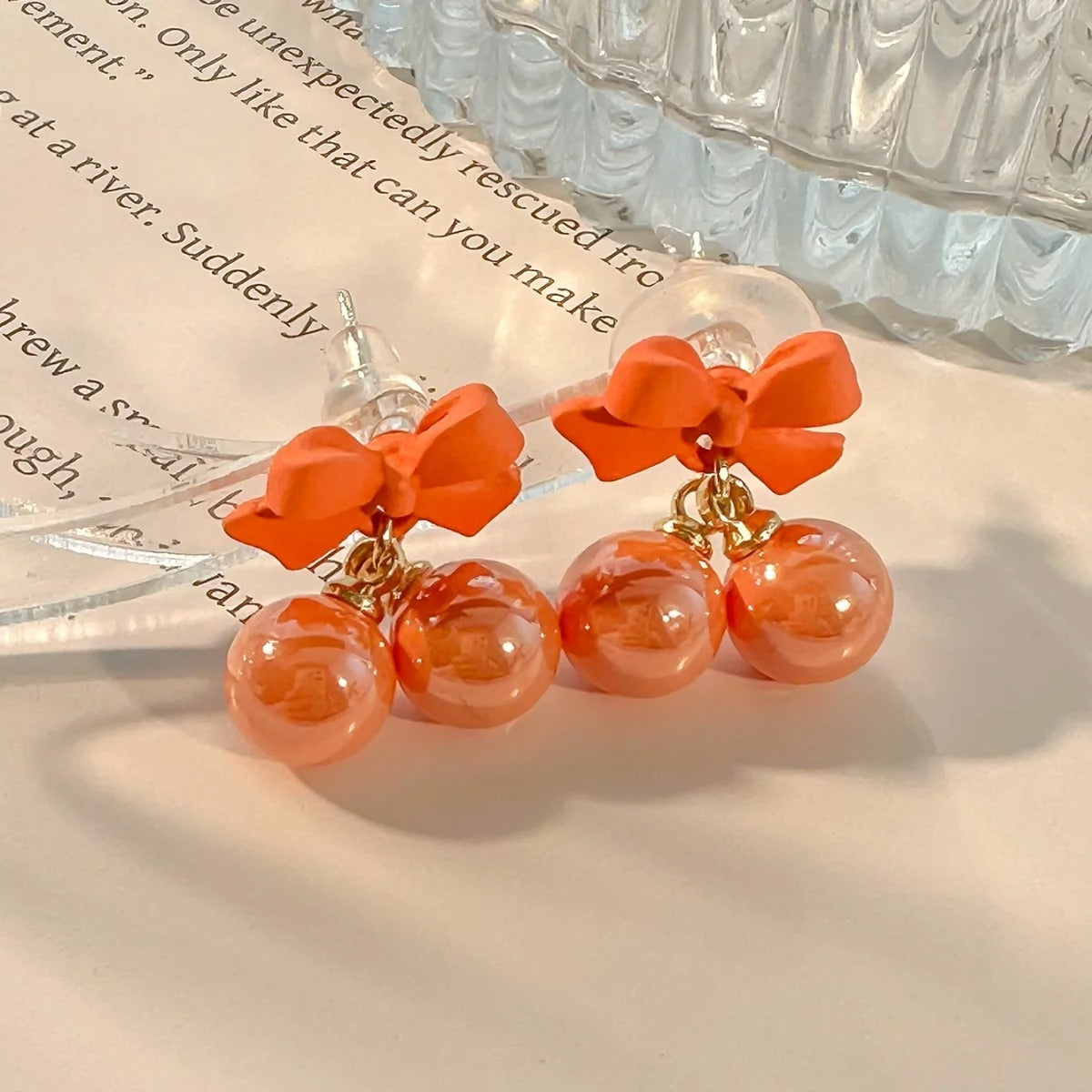 Super Sweet Pink Bow Earrings with Heart Candy Beads for Women