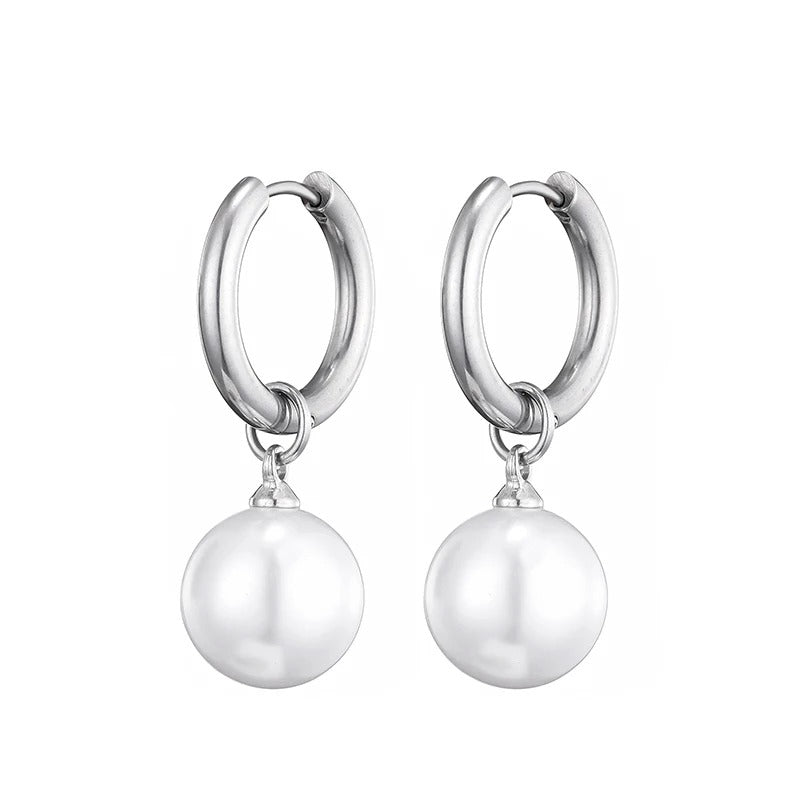 Women Round White Pearl Hoop Earrings Elegant Drop Dangle Jewelry