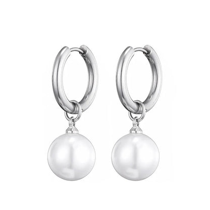 Women Round White Pearl Hoop Earrings Elegant Drop Dangle Jewelry