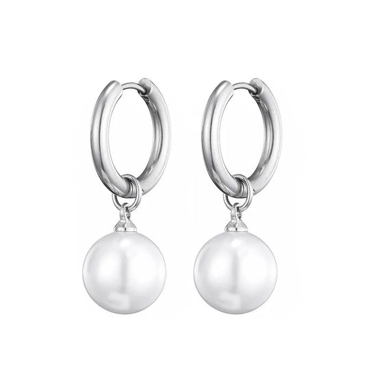 Women Round White Pearl Hoop Earrings Elegant Drop Dangle Jewelry