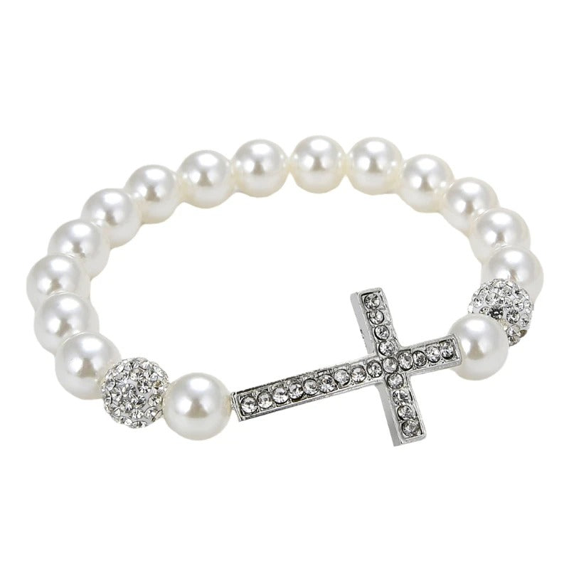 Imitation Pearl Beaded Cross Bracelet Elastic Women Jewelry Gift