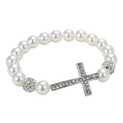 Imitation Pearl Beaded Cross Bracelet Elastic Women Jewelry Gift
