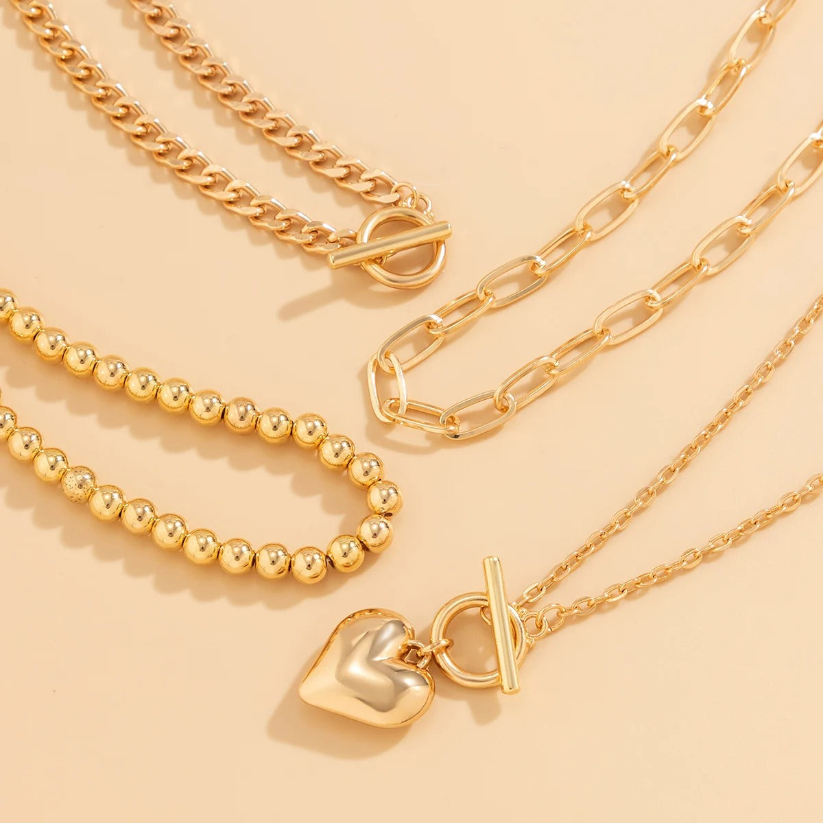 4Pcs/Set Punk Gold Color Heart Pendant Necklace for Women 2025 Trendy Beaded Neck Chain Choker Jewelry Accessories