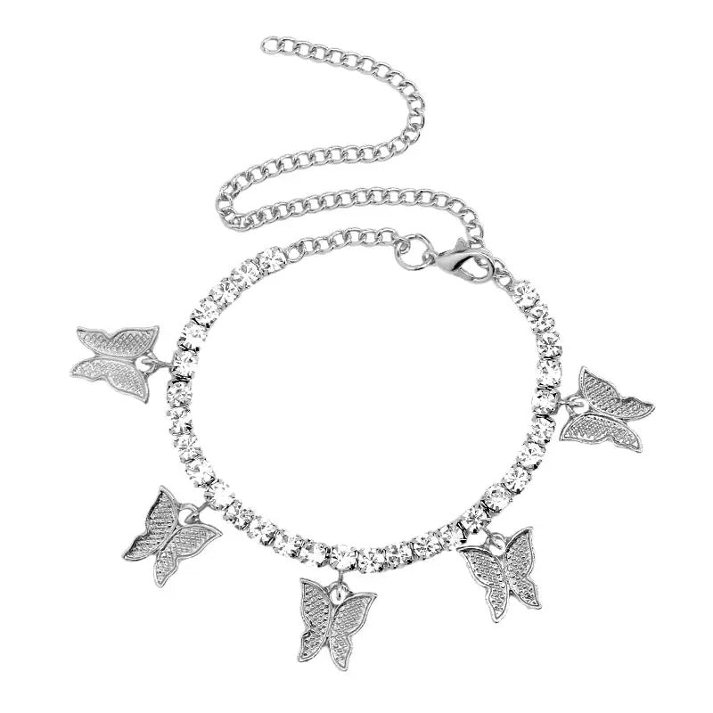Fashion Butterfly anklet Rhinestone Tennis Chain Foot Chain Jewelry for Women Summer Beach Anklet Butterfly Barefoot Chain