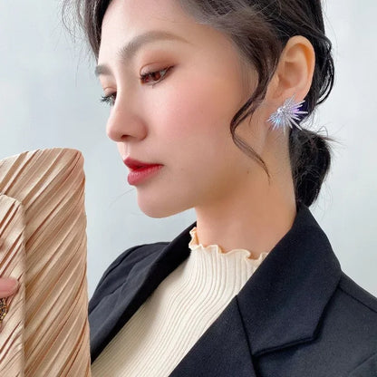 New Silver Big Plant Stud Earrings with Zircon for Women Korean Fashion