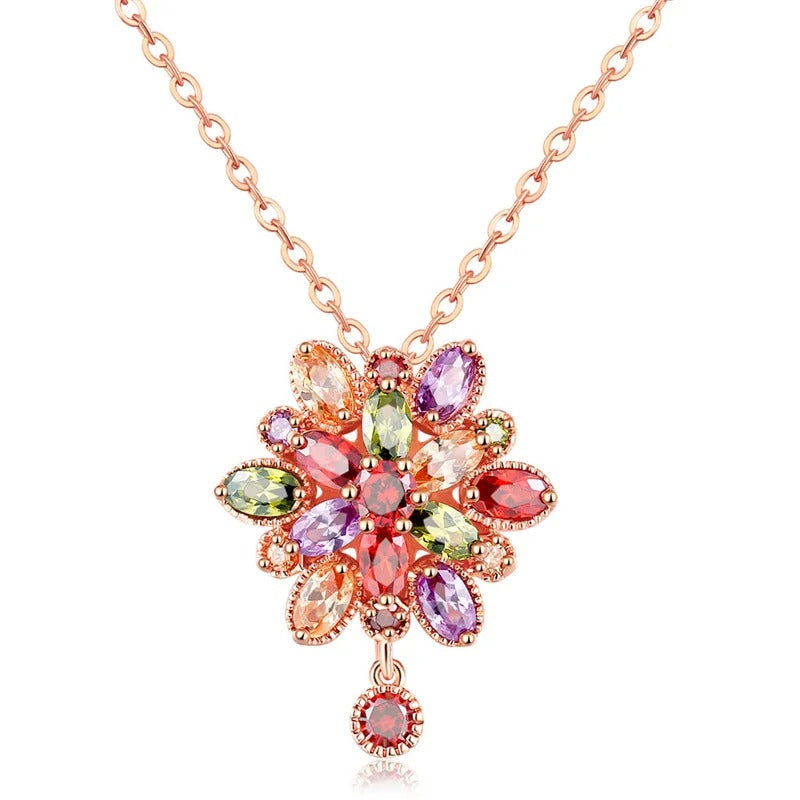 Rainbow Flower Pendant Multicolor Crystal Oval Stone Necklaces For Women Vintage Rose Gold Color Chain Jewelry Engagement Gifts