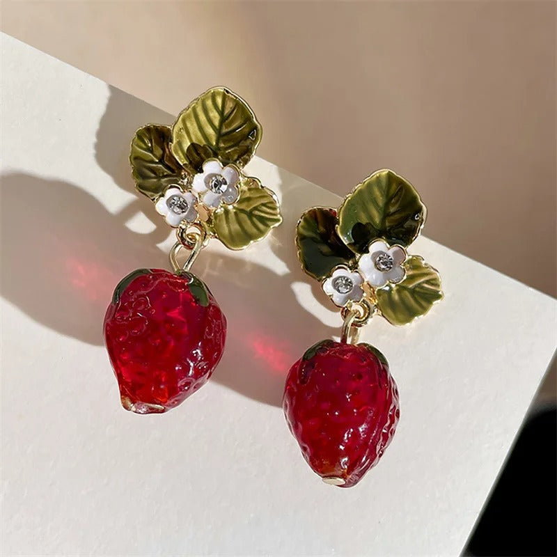 3D Strawberry Fruit Earrings with Green Leaves for Girls