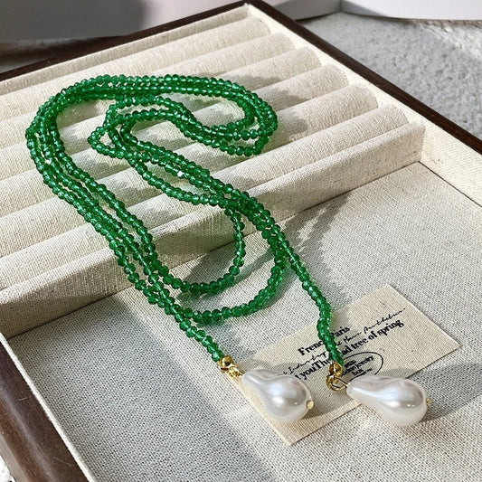 Irregular Baroque Pearl Pendant Necklace for Women Vintage Green Black Crystal Bead Long Necklace Neck Chain Jewelry