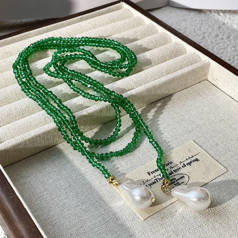 Irregular Baroque Pearl Pendant Necklace for Women Vintage Green Black Crystal Bead Long Necklace Neck Chain Jewelry