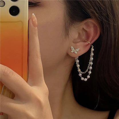 Korean Pearl Tassel Butterfly Earrings Women Dangle Jewelry