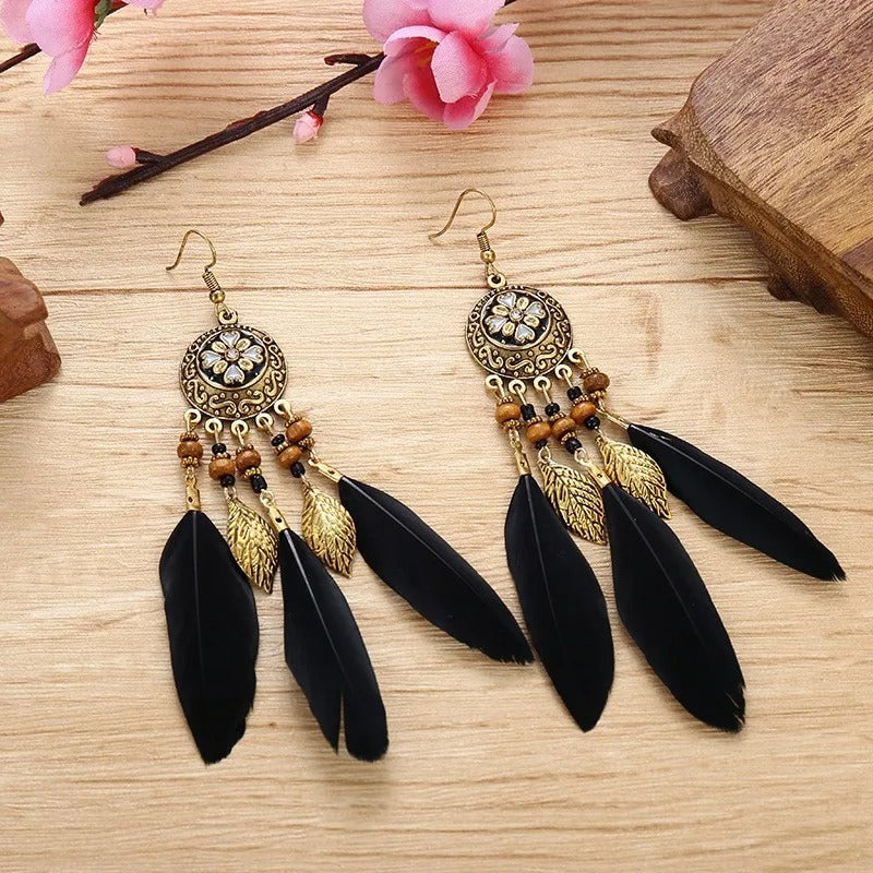 Antique Alloy Feather Tassel Earrings Wood Bead Leaf Jewelry for Women