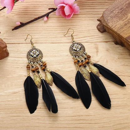 Antique Alloy Feather Tassel Earrings Wood Bead Leaf Jewelry for Women