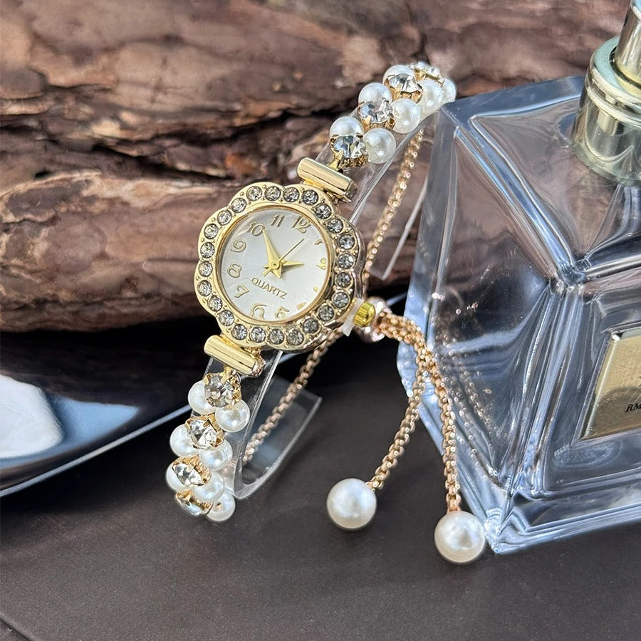 Elegant Double Row Pearl Bracelet Women’s Quartz Watch with Diamond Studded Case
