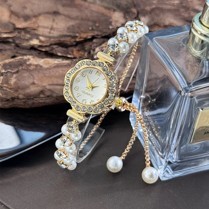 Elegant Double Row Pearl Bracelet Women’s Quartz Watch with Diamond Studded Case
