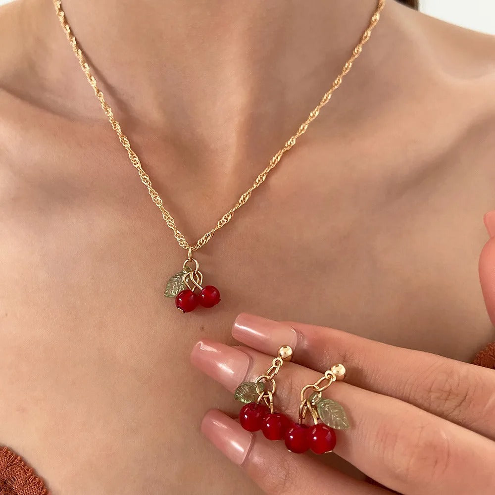 Exquisite red cherry necklace and earring set for women, personalized fashion daily accessory, party jewelry, birthday gifts