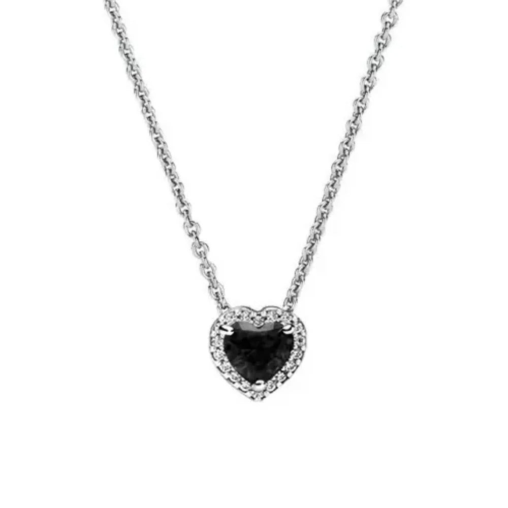 Pandora Black Sparkling Heart Halo Stud Earrings & Pendant Necklace Set – 45cm