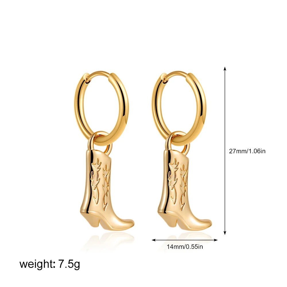 Vintage Cowboy Boot Dangle Earrings Women Gold Plated Hoop Jewelry