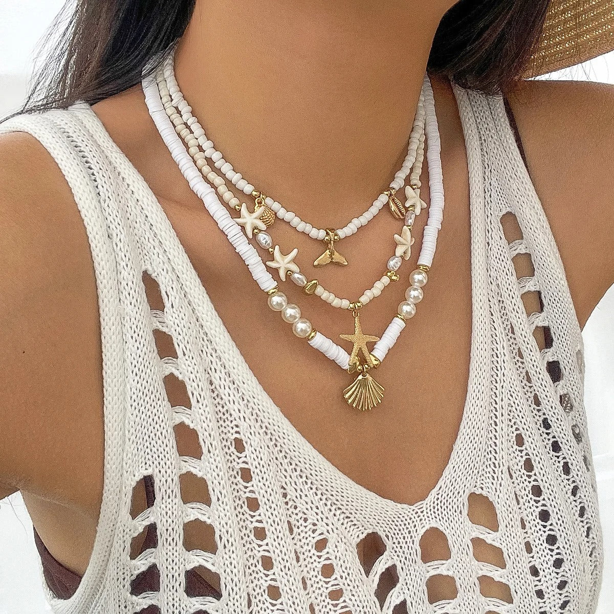 Retro Gold Color Metal Starfish Shell Conch Pendant Necklace Women 2025 Multi Layer Sweet Green Turquoise Girl Beach Jewelry