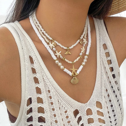 Retro Gold Color Metal Starfish Shell Conch Pendant Necklace Women 2025 Multi Layer Sweet Green Turquoise Girl Beach Jewelry
