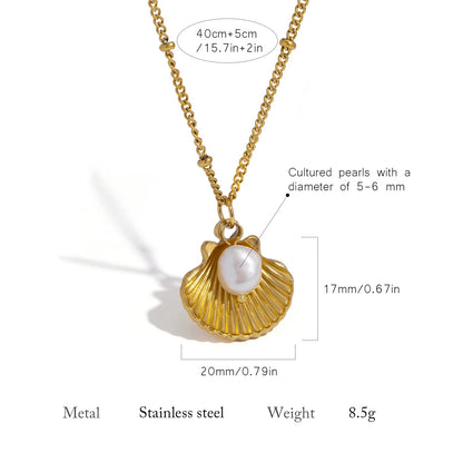 18K Gold Plated Stainless & Pearl Pendant Necklace for Women, Summer Beach Boho Coastal Hypoallergenic Jewelry Gift