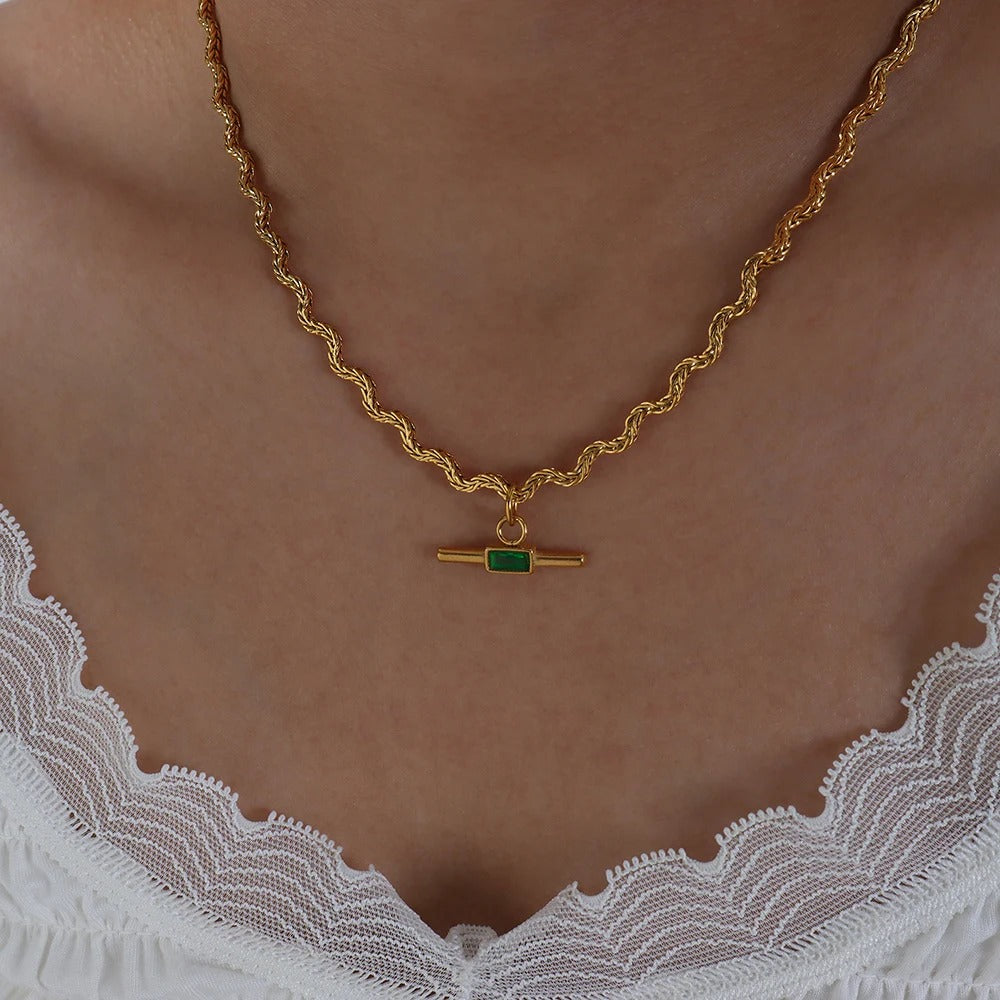 Wavy Line Stainless Steel Necklace Green & Black Stone Pendant