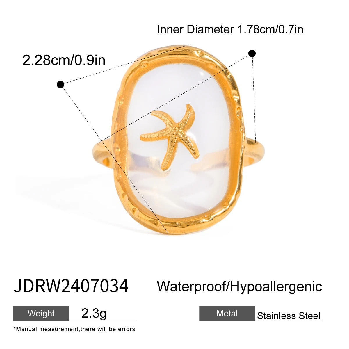 Women’s Hammer Pattern Starfish Ring Ocean Wind Gold Plated Ring