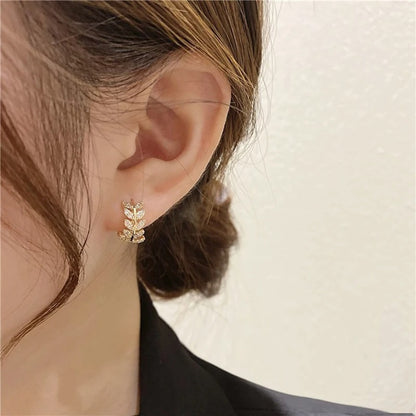 New Arrival Small Hoop Earrings Metal Rhinestone Leaf Design