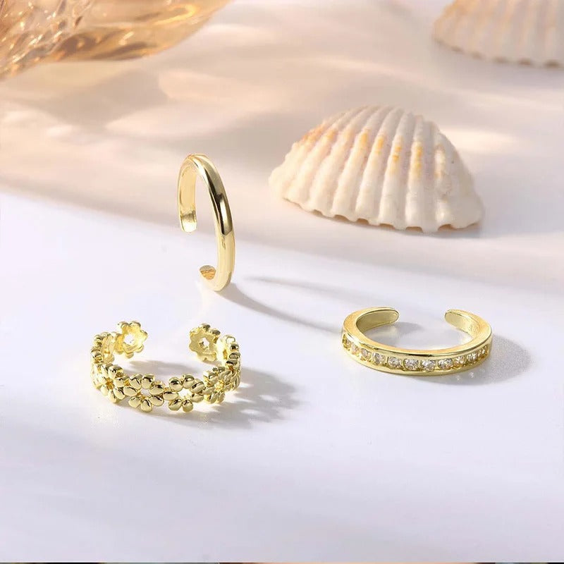 3PCS Filled Toe Rings Set for Women  Gold Plating Adjustable Simple Flower Ring Summer Beach Jewelry