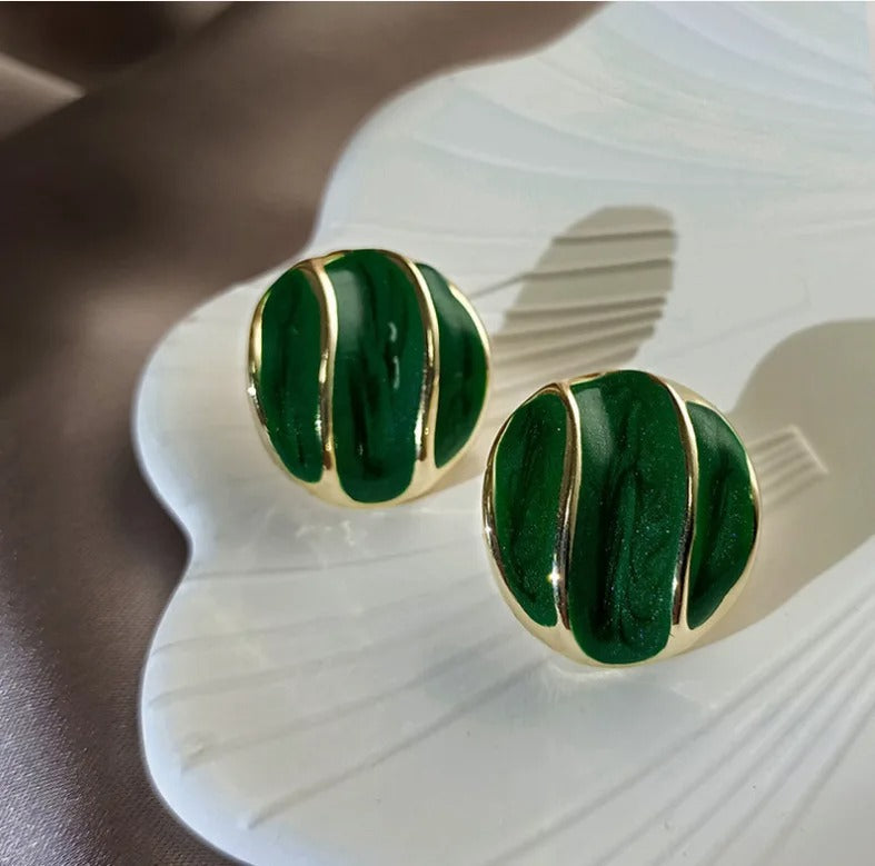 Vintage French Green White Earrings for Women Trendy Stud Jewelry