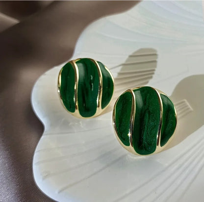 Vintage French Green White Earrings for Women Trendy Stud Jewelry