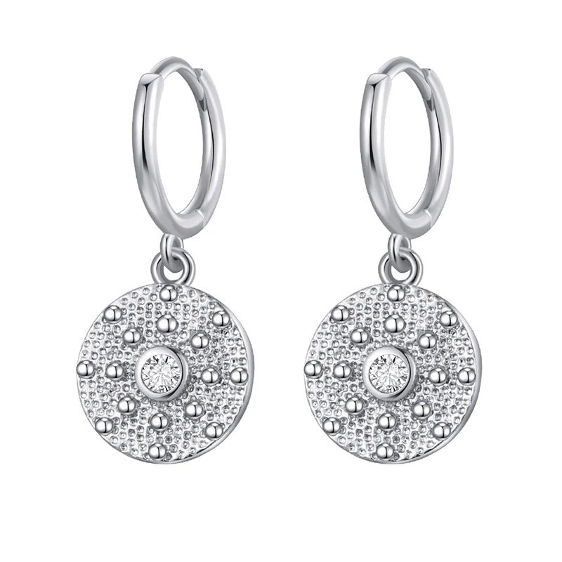 Round Coin Cubic Zirconia Dangle Earrings Silver Gold Women
