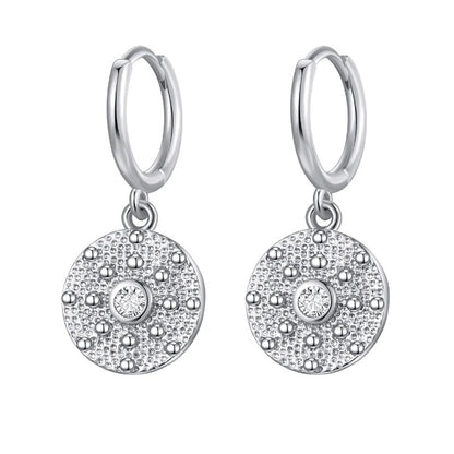 Round Coin Cubic Zirconia Dangle Earrings Silver Gold Women