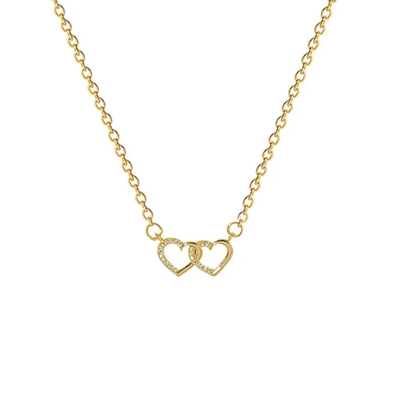 Gold Double Heart Pendant Necklace Stainless Steel Jewelry