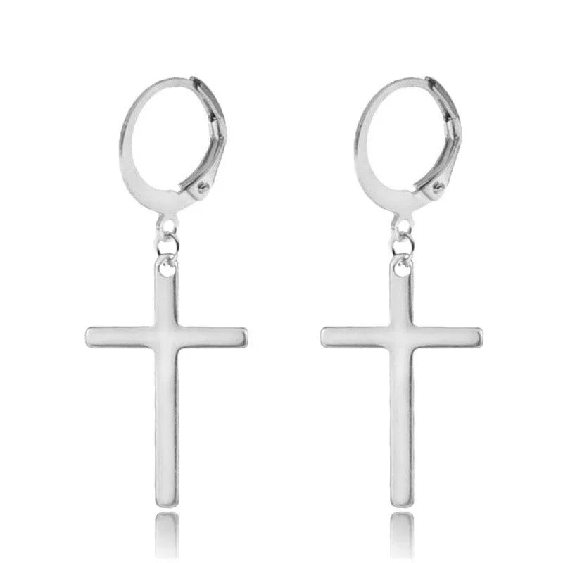 Zircon Crystal Cross Drop Earrings Women Men Gold Silver Jewelry