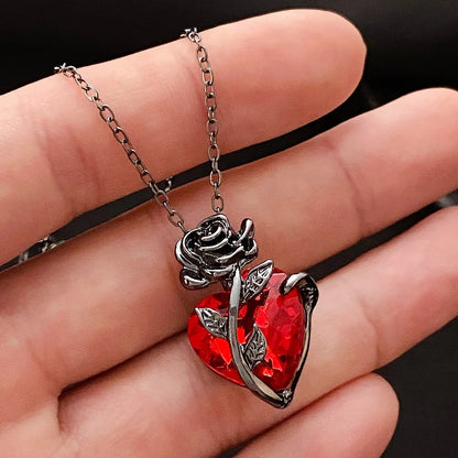 Gothic Rose Red Heart Necklace Y2K Grunge Jewelry