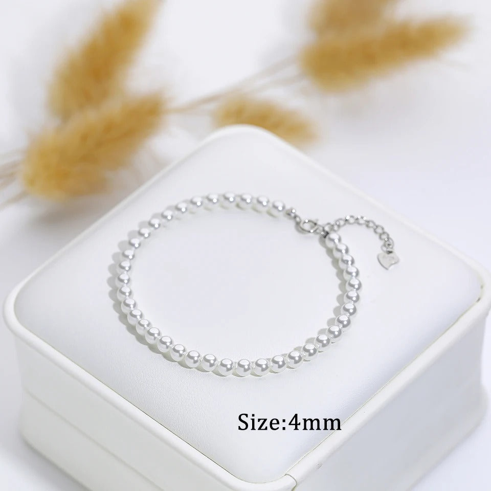 925 Sterling Silver White Pearl Bracelet 6mm Beads for Women