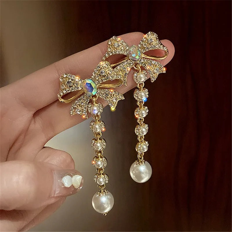 Rhinestone Dangle Earrings for Women Long Tassel Pearl Earrings Weddings Party Jewelry