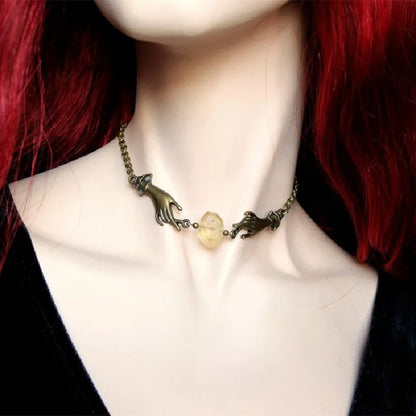 Witchy Chain Choker Hands Necklace Jewelry Magical Bronze Hands Yellow Druzy Citrine Stone Fashion Women Gift Pendant Statement